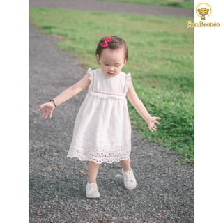 [ẢNH THẬT] Đầm trắng phối ren ngực vải thêu hàn thân thiện trẻ em (vải tốt - may kĩ)