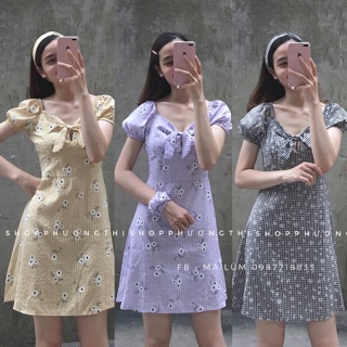 Đầm kẻ caro hoạ tiết hoa cúc nổi kèm tuban xinh - váy hoa cúc ulzzang (hình shop tự chụp/sẵn)
