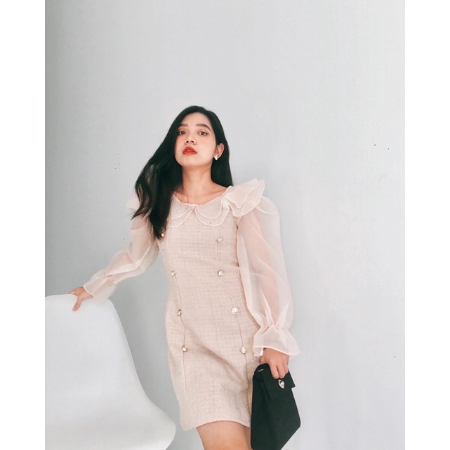 [THIẾT KẾ CAO CẤP]Váy dạ tweed tiểu thư phối tay phồng tơ organza đính nút ngọc chảnh,Váy dạ tweed ngọc tay phồng cổbèo | BigBuy360 - bigbuy360.vn