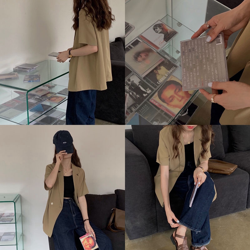 Áo Khoác Blazer Tay Ngắn Dáng Rộng Màu Sắc Đơn Giản Phong Cách Hàn Quốc | BigBuy360 - bigbuy360.vn