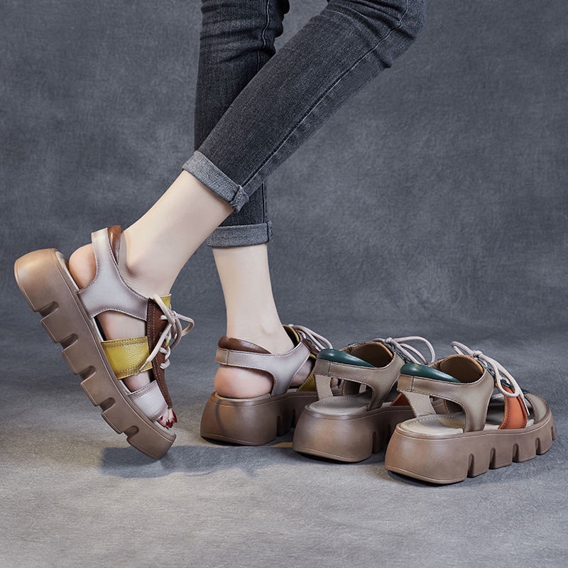 Giày Sandal Da Đế Dày Đục Lỗ Phối Màu Phong Cách Retro Thời Trang Đi Biển