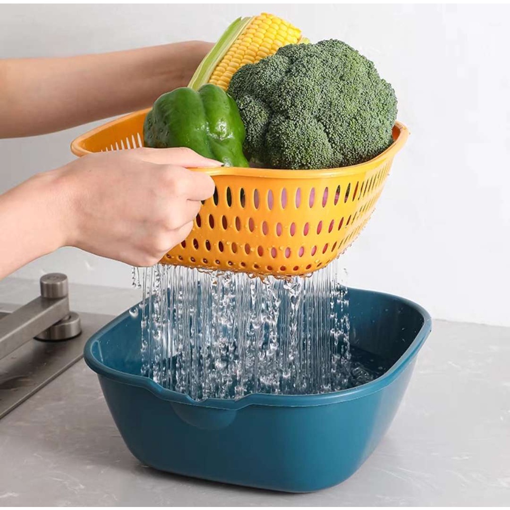 Rổ rửa rau/ trái cây 2 lớp thoát nước nhanh có tay cầm bên hông đa năng cho nhà bếp