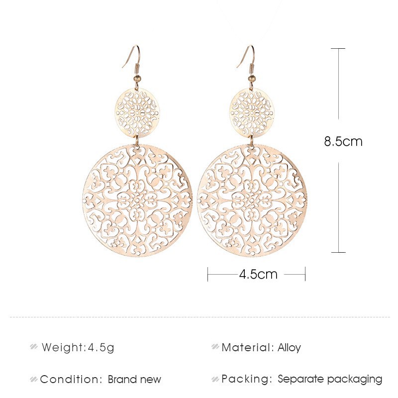 Bông tai dài hình tròn chạm khắc họa tiết phong cách retro