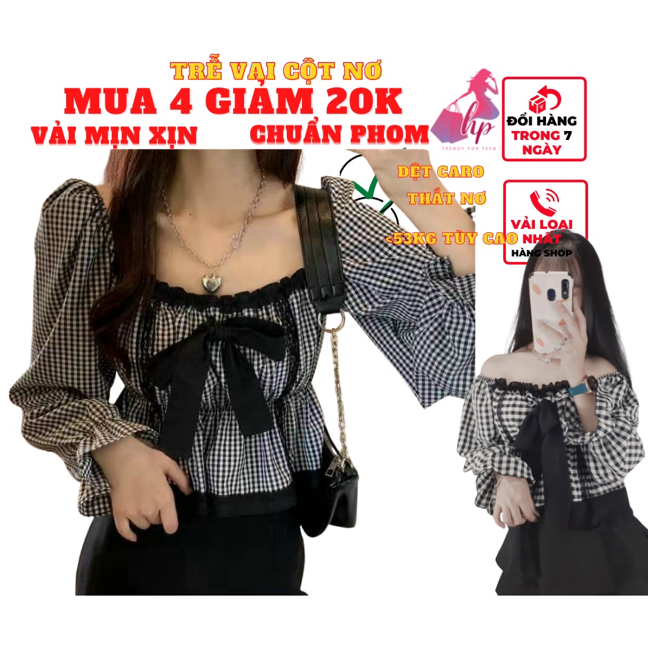 áo kiểu trễ vai nữ thắt nơ tay dài sọc caro  màu trắng đen kiểu sang chảnh phong cách hàn quốc