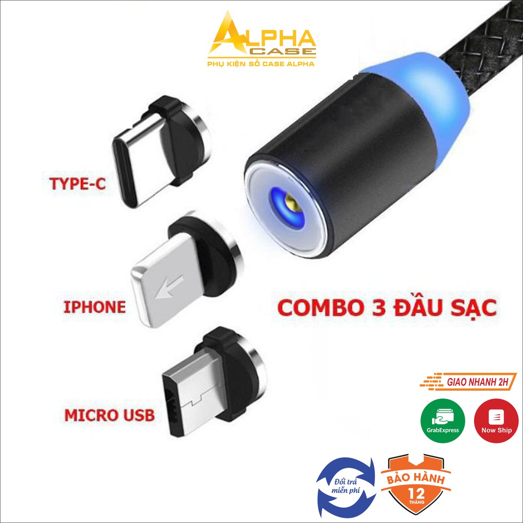 Cáp sạc từ hít nam châm 3 đầu Android và iPhone 360 độ dây dù,có LED casealpha