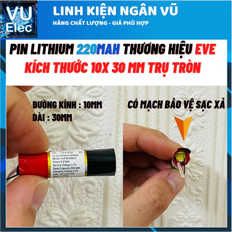 Pin lithium 3.7V 220Mah dạng tròn 10x30MM dành cho bút ghi âm - camera