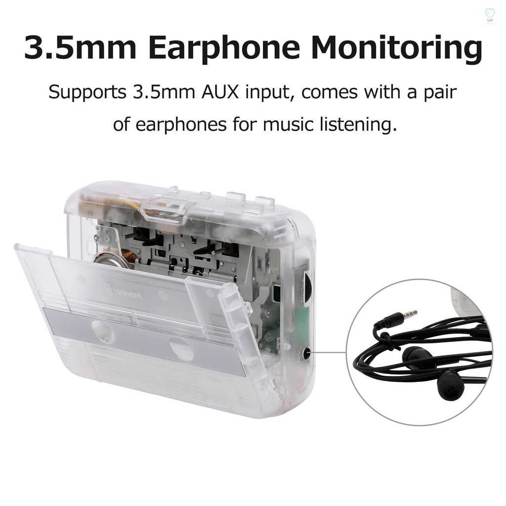 Máy phát băng cát sét TONIVENT mini trong suốt với giắc cắm 3.5mm và aux