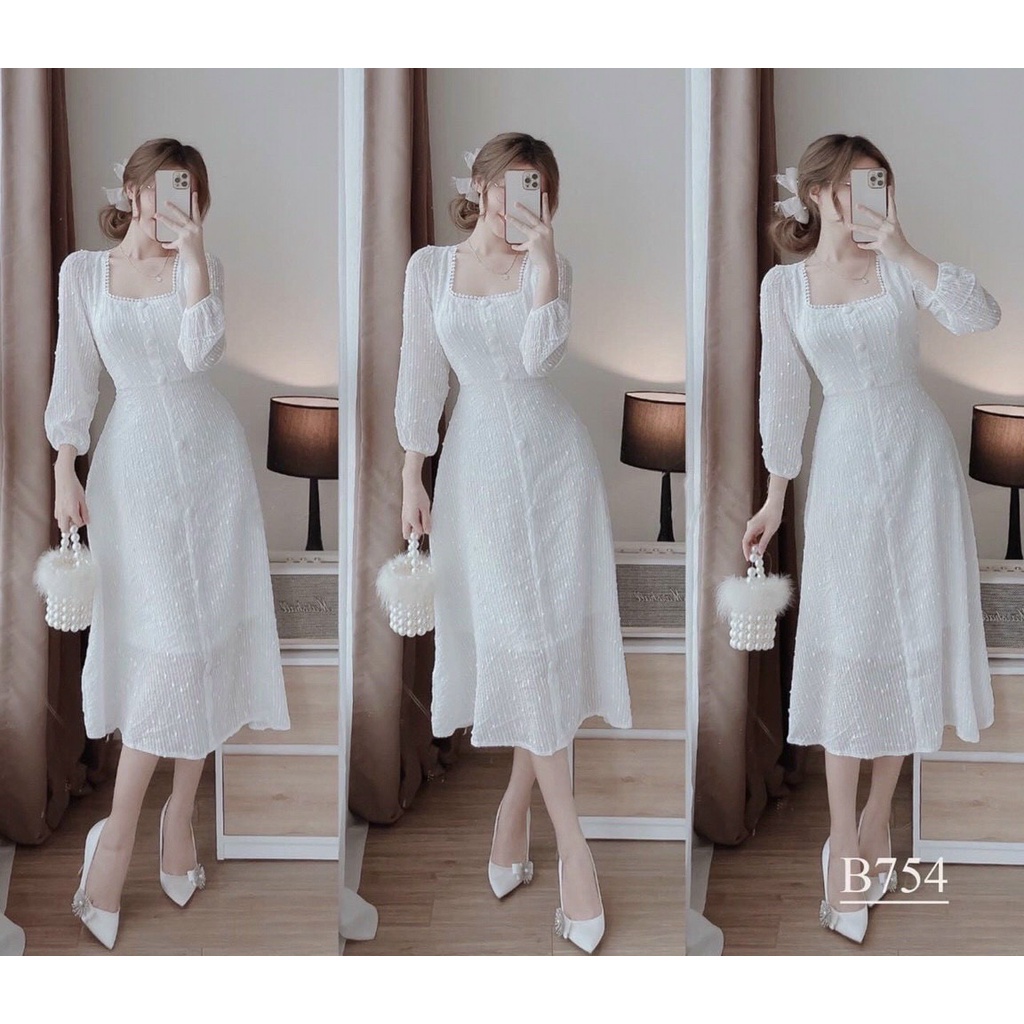 Đầm dự tiệc Đầm ren cổ vuông phối nút phù hợp mặc đi tiệc, đi chơi, đi dạo, chụp hình kỉ yếu TANA D0498 | BigBuy360 - bigbuy360.vn