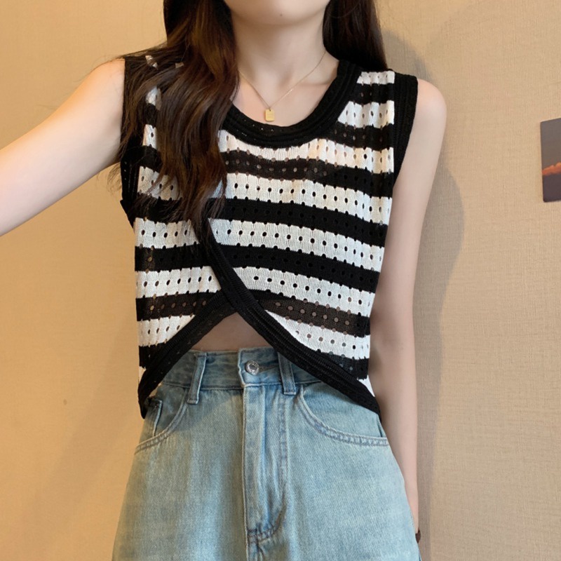 Áo Dệt Kim Sát Nách Kẻ Sọc Thoáng Khí Phong Cách Hàn Quốc