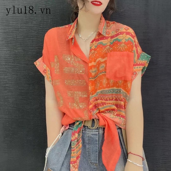 Áo Sơ Mi Chiffon Ngắn Tay Phối Màu Họa Tiết Kẻ Sọc Đính Đá Thời Trang Mùa Hè Năm 2021 Cho Nữ