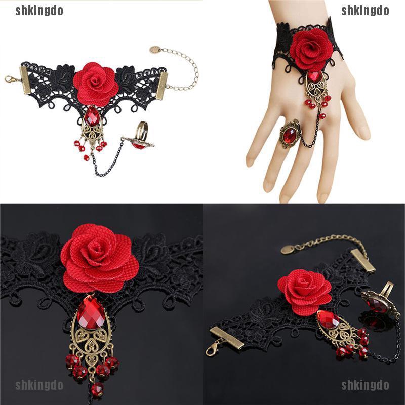 Vòng tay ren hoa hồng đỏ phong cách gothic có thể điều chỉnh kích cỡ