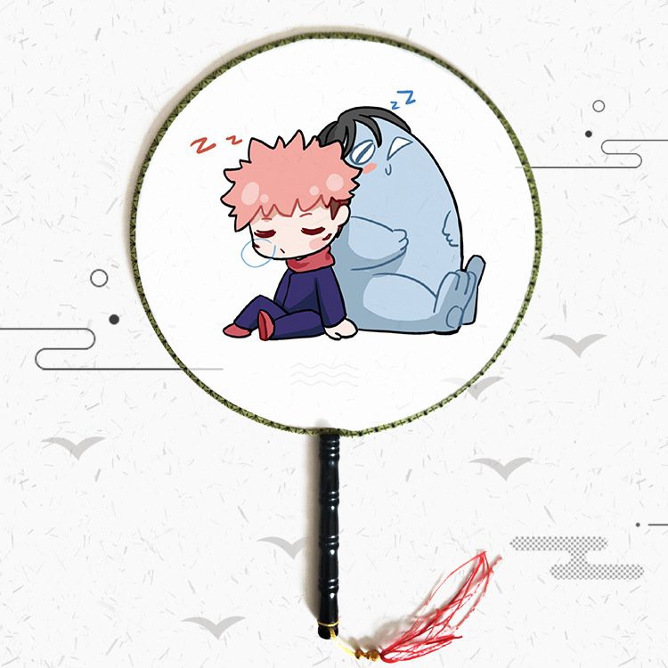 Quạt tròn cổ trang IN HÌNH JUJUTSU NO KAISEN CHÚ THUẬT HỒI CHIẾN cán gỗ đen cầm tay anime chibi độc đáo xinh xắn