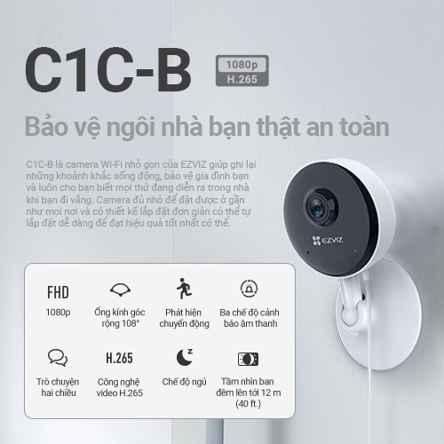 Camera WI-FI Trong nhà EZVIZ C1C-B 1080p, Đàm Thoại 2 Chiều, Công Nghệ Video H.265, Cảnh Báo Âm Thanh, Thiết Kế Nhỏ Gọn