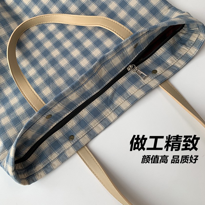 Túi kẻ caro vải canvas dày dặn quai da phong cách Nhật Bản cực xinh xắn mẫu mới 2021