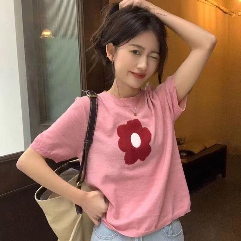 Áo dệt kim RENJIANVSHENG 175286 tay ngắn họa tiết hoa xinh xắn thời trang