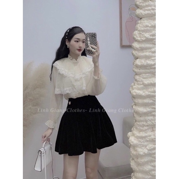 Áo sơ mi bèo tiểu thư 2 lớp xếp tầng bo chun tay phối ren xinh xắn