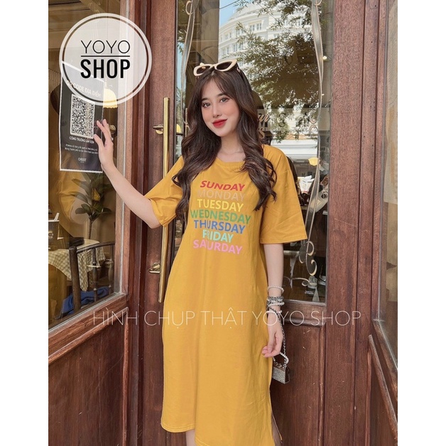 Đầm thun bầu bigsize dáng suông xẻ tà form dài dưới 75kg đan dây LA màu xanh