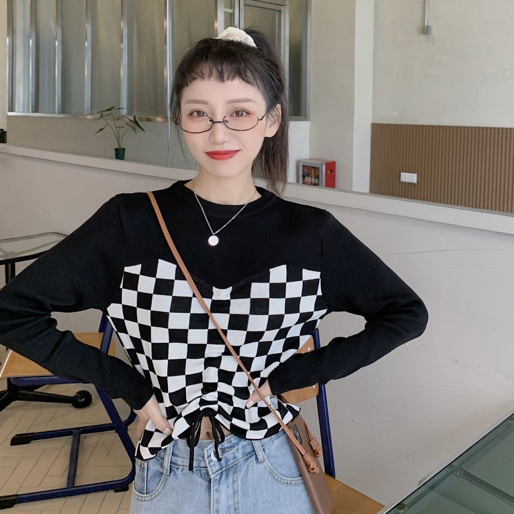 Áo thun tay dài giả hai lớp phối dây rút trước ngực họa tiết caro thời trang cho nữ