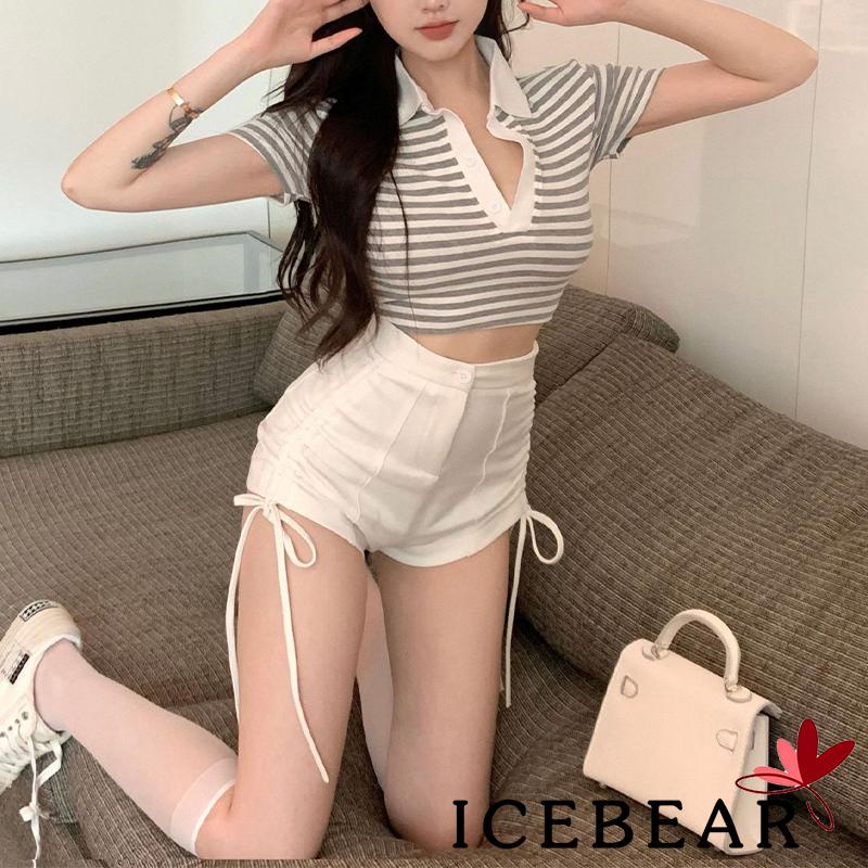 ICE-Women’s Short Sleeve T-shirt Stripe Print Button Lapel Exposed Navel Tops