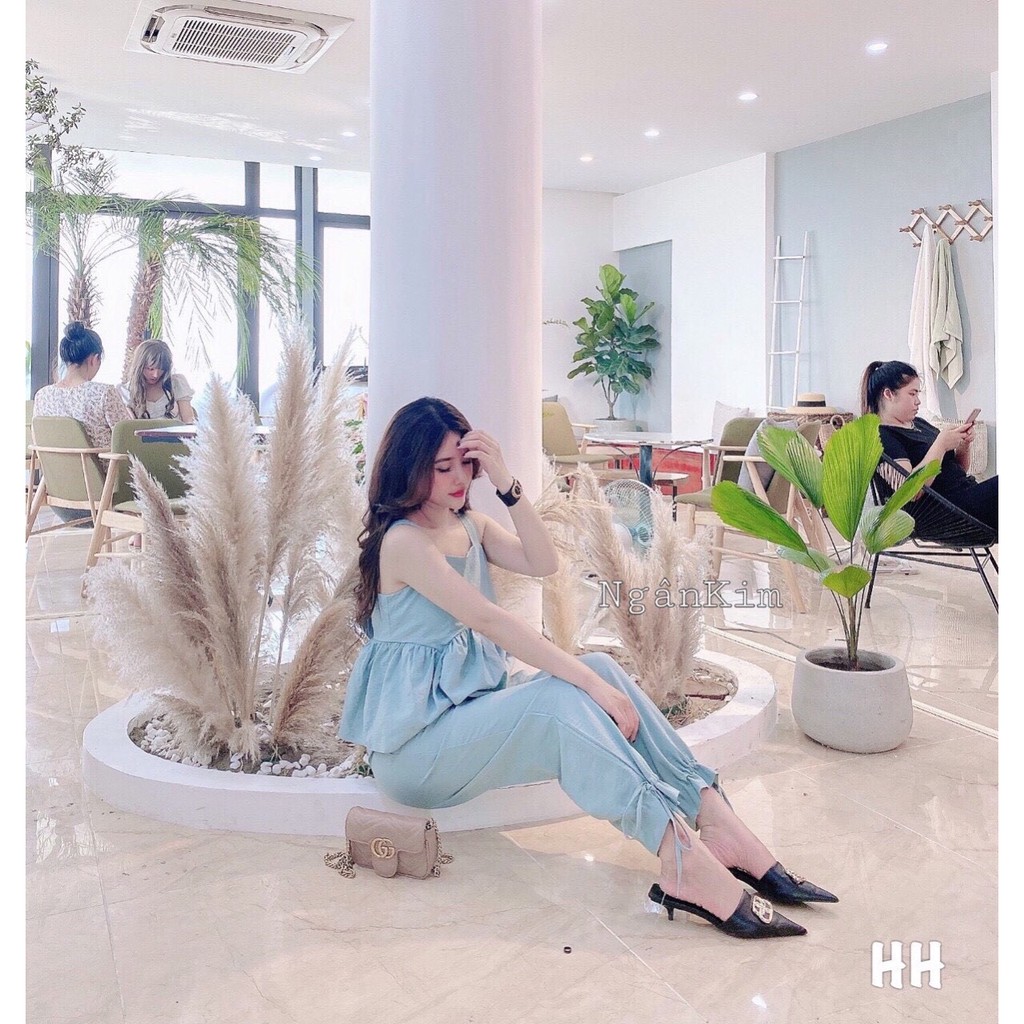 Bộ voan hai dây babydoll phối quần lủng nơ rút trang nhã TTSA0498
