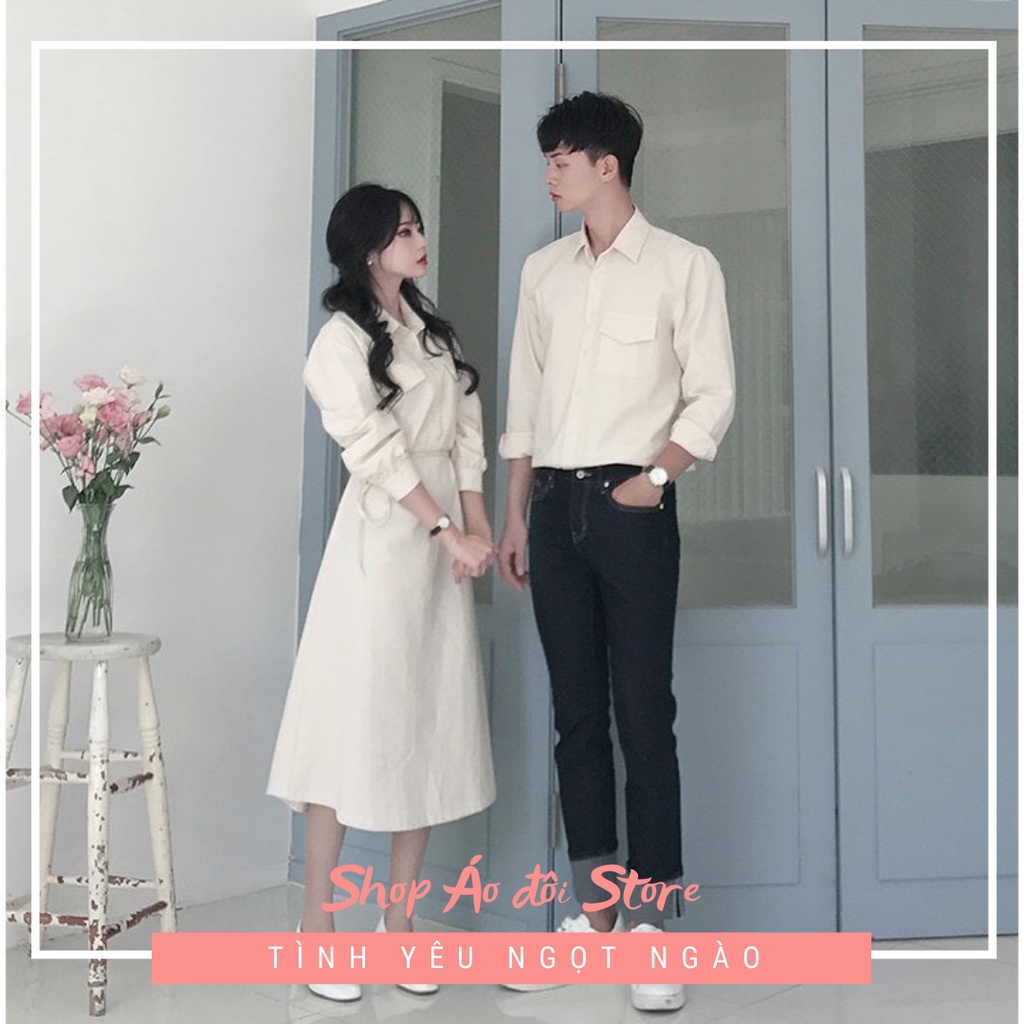 Bộ áo váy sơ mi cặp cao cấp, đồ đôi nam nữ dễ thương, chất đẹp để chụp hình cưới, đi du lịch