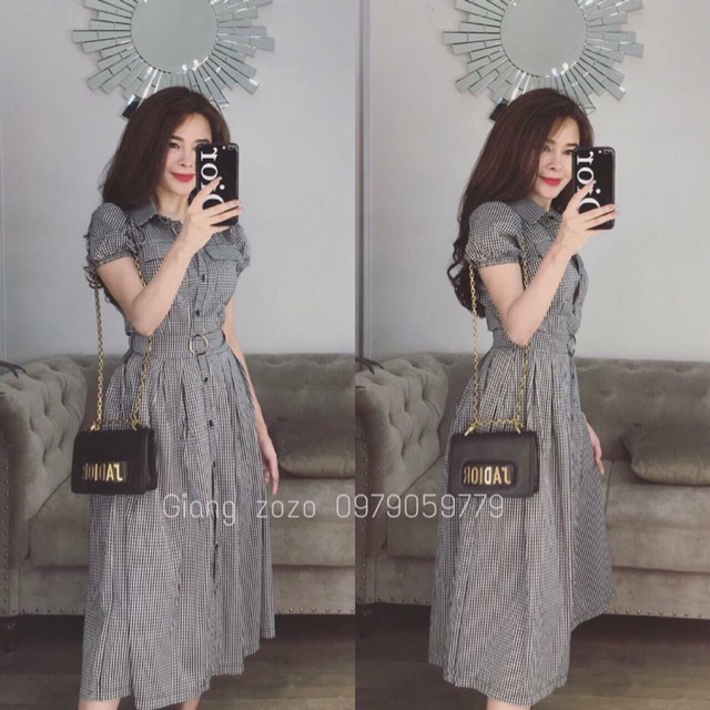 Váy đầm sơ mi kẻ thắt đai eo (GIÁ TỐT)