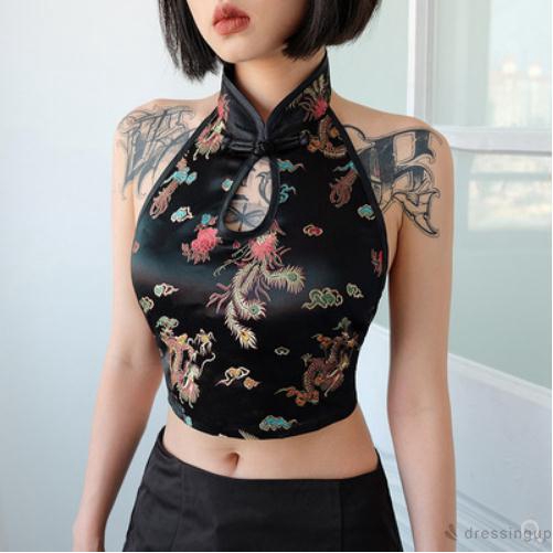 Áo Croptop Không Tay Cổ Chữ V Khoét Sâu Thêu Hình Rồng Gợi Cảm