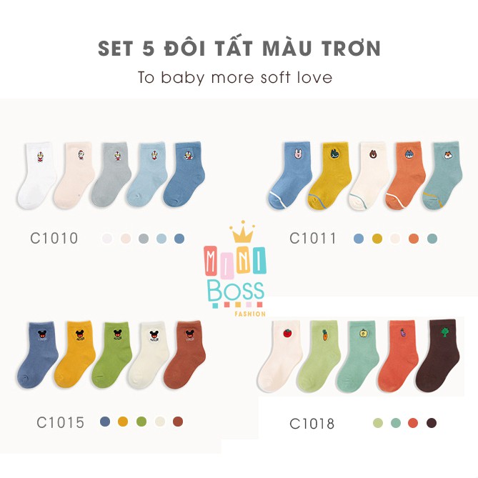 Set 5 đôi tất cao cổ cho bé trai bé gái 1-7 tuổi màu trơn