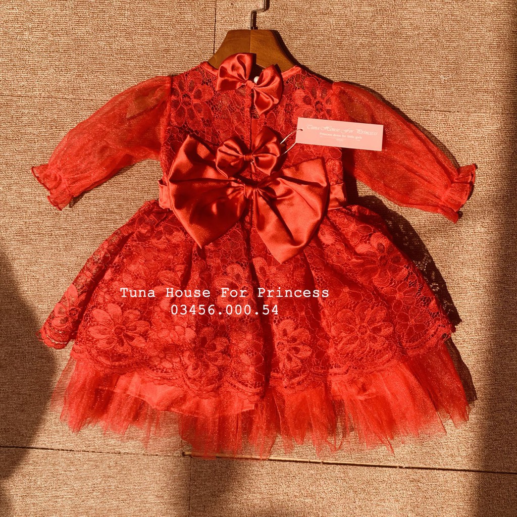 Váy đầm xoè công chúa ren đỏ Calista mặc thôi nôi đầy tháng tặng băng đô - Tuna House For Princess
