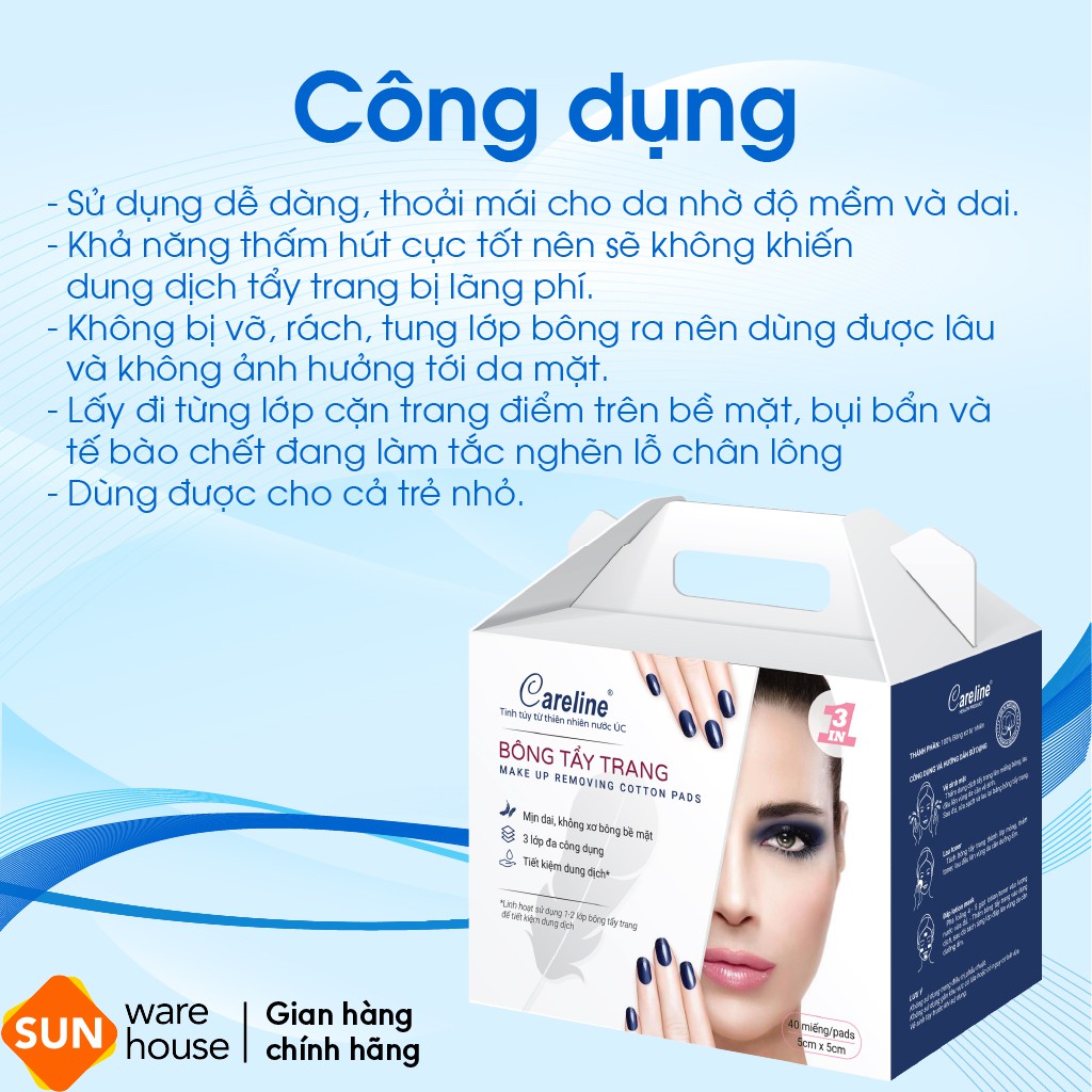 Bông Tẩy Trang CARELINE Cotton Mịn Dai, An Toàn Cho Da 40 Miếng