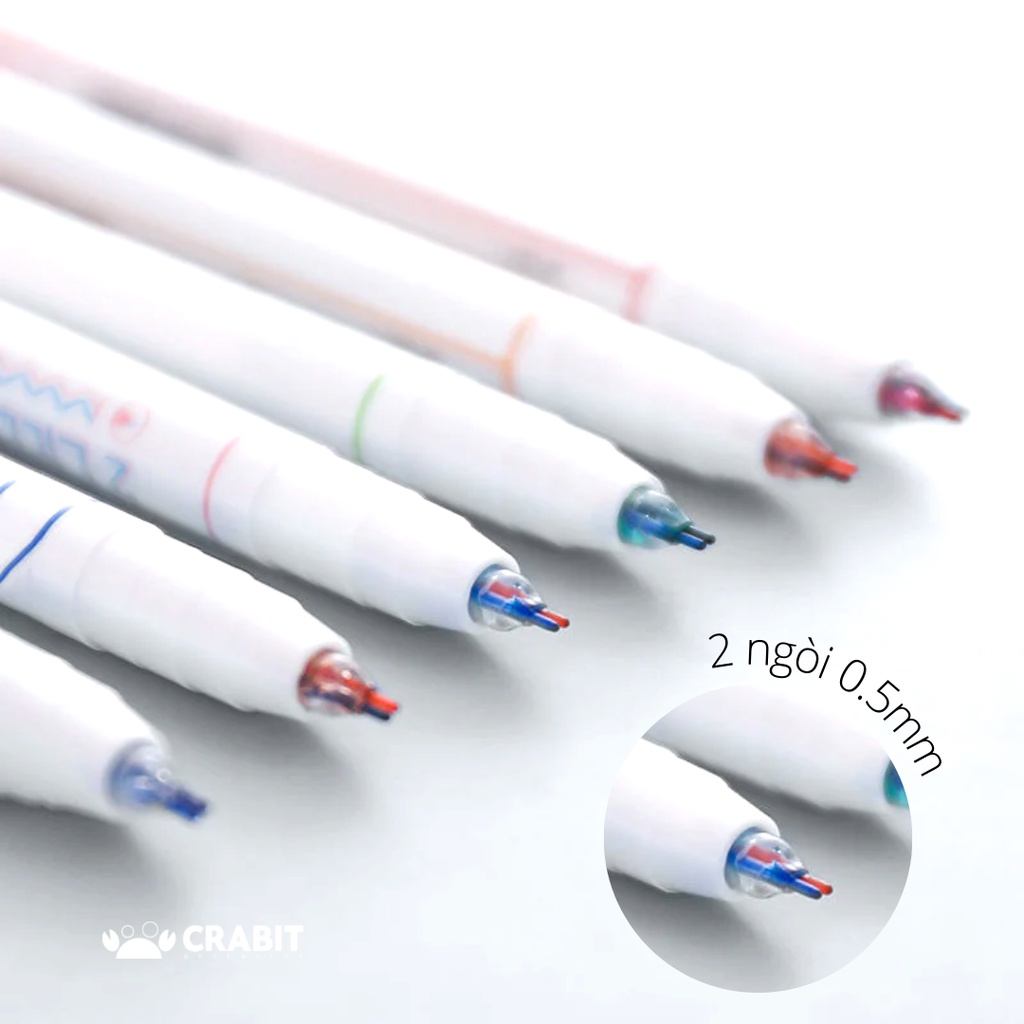 Bút gel màu 0.5mm 2 ngòi nhiều màu 2 line mực gel Crabit Set 6 bút