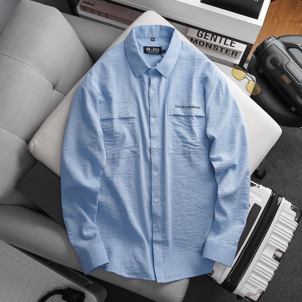 BIGSIZ - Áo sơ mi nam tay dài vải đũi túi giả thiêu chữ cách điệu form bigsize 80kg - 130kg