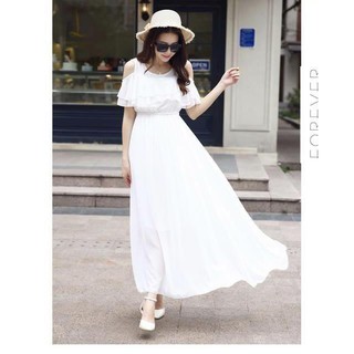 Đầm Maxi Voan Lụa Rớt Vai (Trắng)