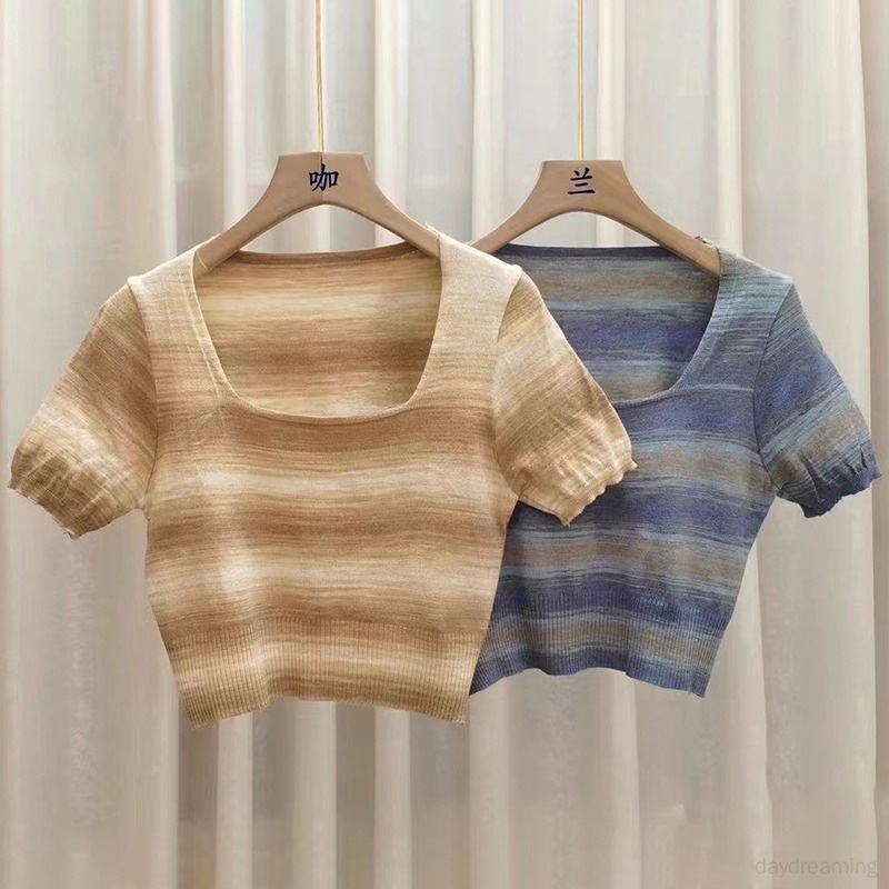 Áo Thun Croptop Dệt Kim Tay Ngắn Cổ Vuông Dáng Ôm Phong Cách Hàn Quốc Cho Nữ