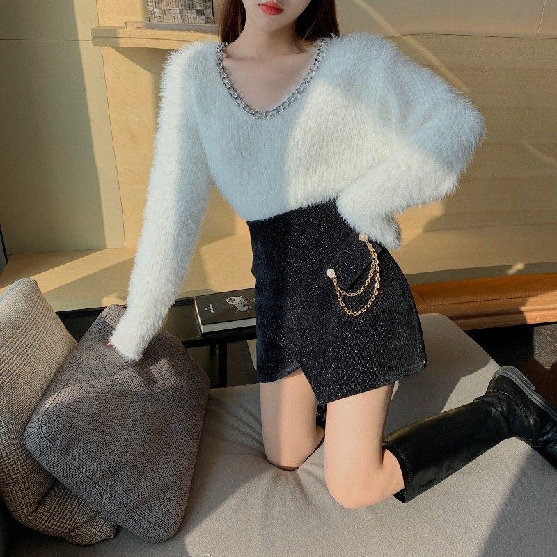 Áo len lông thỏ dáng rộng chân váy chữ A dây xích ulzzang - Có ảnh thật