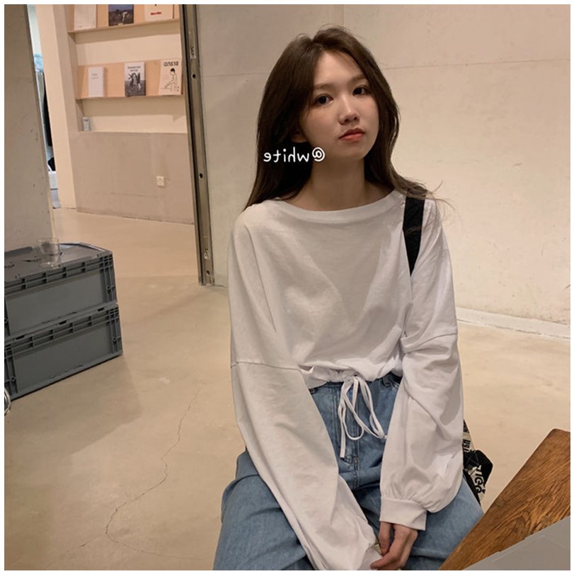 Happy-store ❤️ Áo Sweater dài tay dáng rộng rút dây thời trang mùa thu xinh xắn cho nữ
