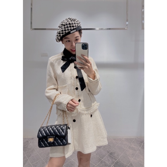 Set dạ tweeds cao cấp mã 0229 màu trắng kem nơ đen