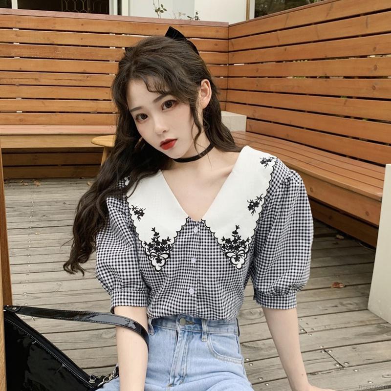 Lapel floral bubble sleeve design niche embroidered shirt red | BigBuy360 - bigbuy360.vn