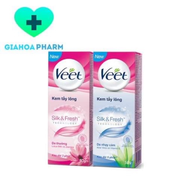 Kem tẩy lông Veet Silk Fresh 50g cho da thường / da nhạy cảm, dưỡng ẩm da (Wax lông nách, tay, chân, vùng kín, bikini)