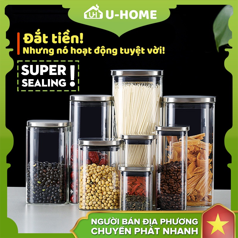 【U-HOME】Hũ thủy tinh, Hộp Thủy Tinh, Chai lọ có nắp bằng thép không gỉ, cà phê, Đồ Khô, Ngũ Cốc, dung tích 200-2000ml