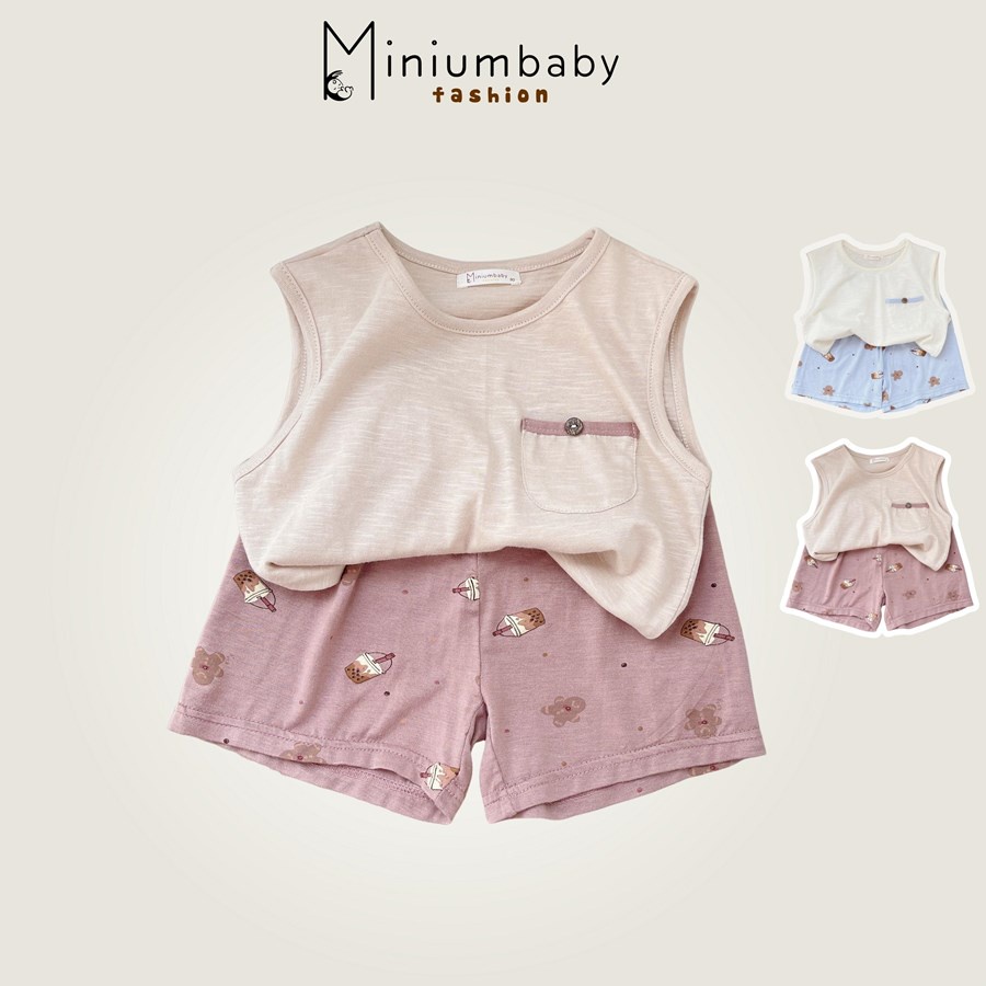 Bộ ba lỗ MiniumBaby cho bé trai, bé gái thêu túi ngực 100% cotton cho bé gái mặc hè thoáng mát, quần áo trẻ em -SB1240