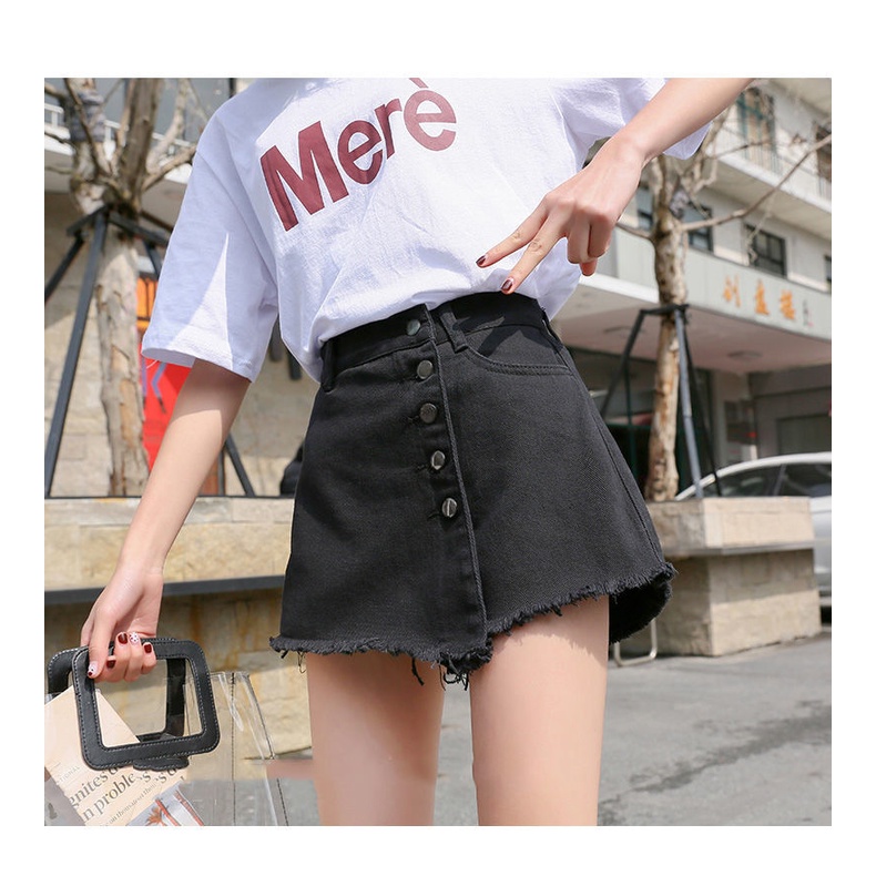 Quần Short Denim Giả Váy Chữ A Ống Rộng Lưng Cao Màu Đen Thời Trang Cho Nữ