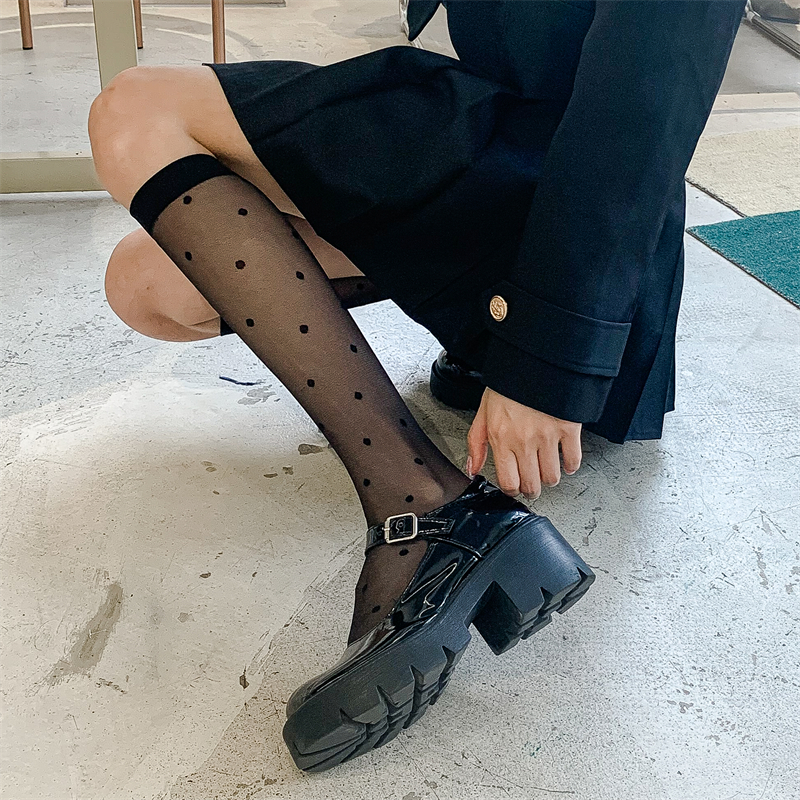 Vớ nylon dài qua đầu gối dạng lưới siêu mỏng in họa tiết hình thoi chấm bi hoa phong cách học đường quyến rũ cho nữ