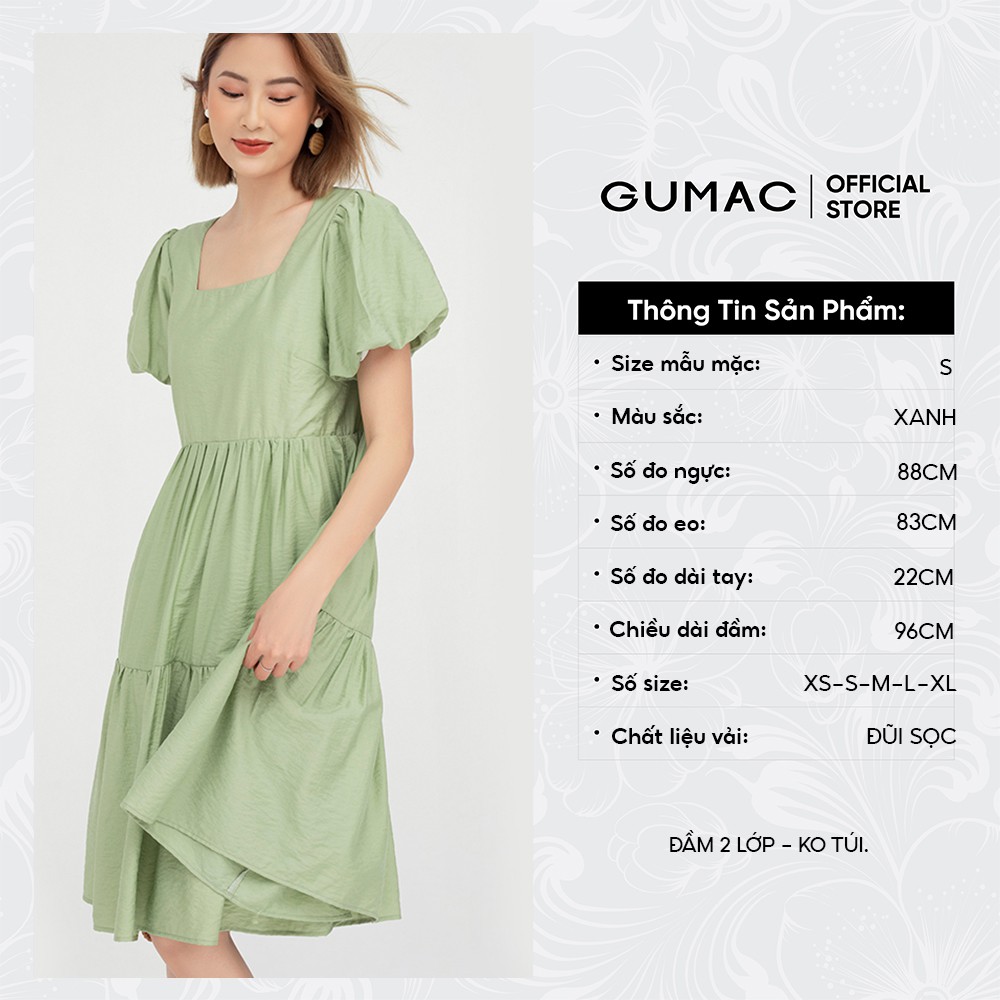 [Mã MABR07062 giảm 8% tối đa 50K đơn từ 249K] Đầm babydoll nữ cổ vuông tầng GUMAC màu xanh dễ thương DB5106 | BigBuy360 - bigbuy360.vn
