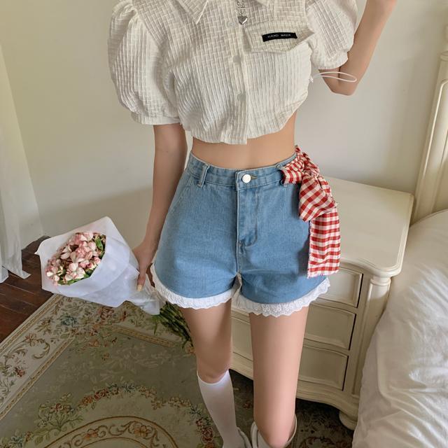 Quần short denim JSC lưng cao ống rộng phối ren phong cách Nhật Bản dễ thương cho nữ