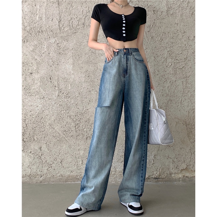 QKOOLE Quần jeans dài  lưng cao ống rộng thời trang Hàn Quốc dành cho nữ