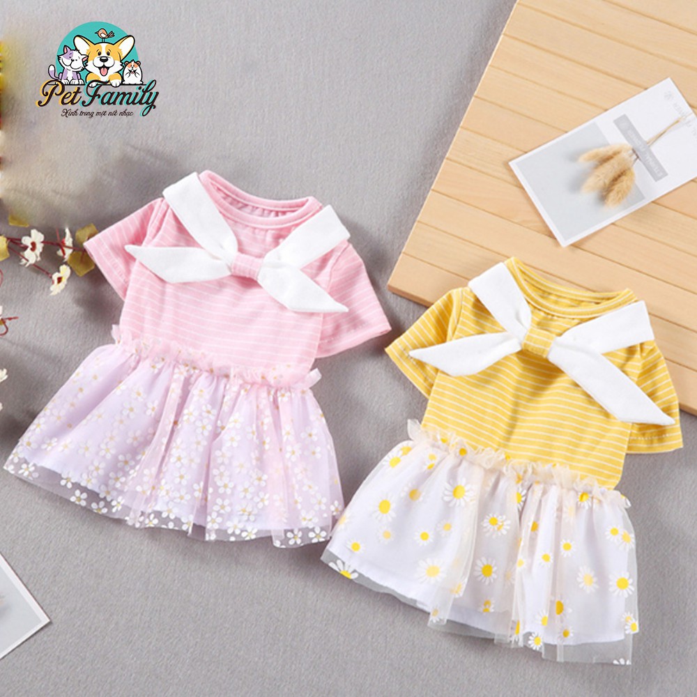 Đầm Sọc Hoa Cúc Cho Chó Mèo Thú Cưng Vải Cotton Lót Voan Hoa Mùa Hè
