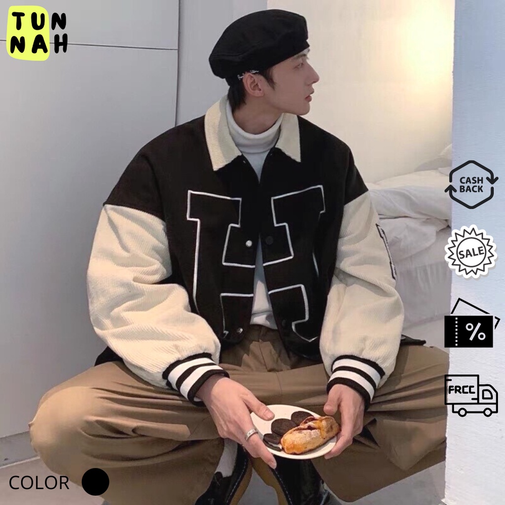 Áo khoác Bomber Varsity bóng chày nam nữ chất liệu Kaki phối da logo thêu 2 lớp họa tiêt basic hình chữ H