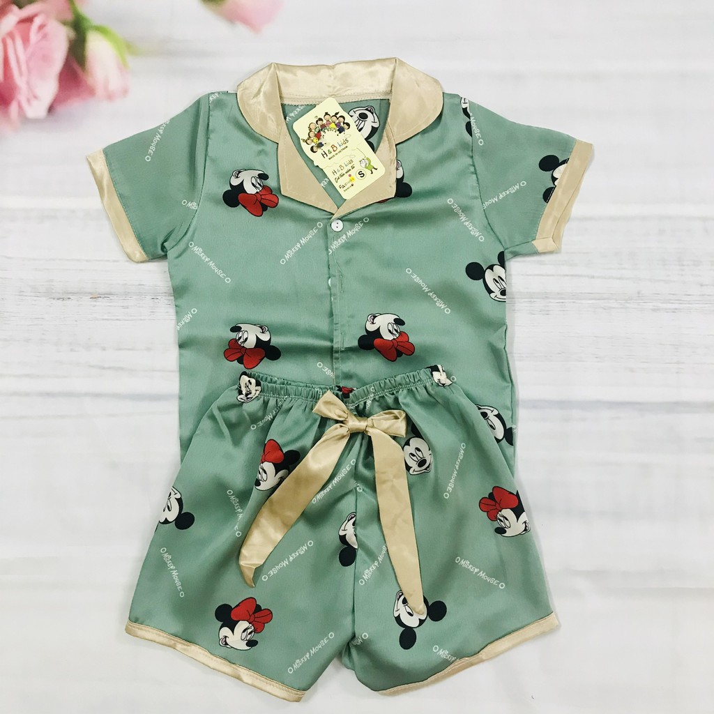 Bộ ngủ pijama lụa satin cộc tay cho bé gái size 14kg-28kg