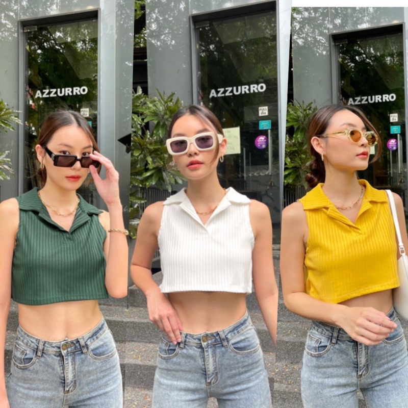 Áo crop top không tay cổ Polo Vải thoải mái Leila